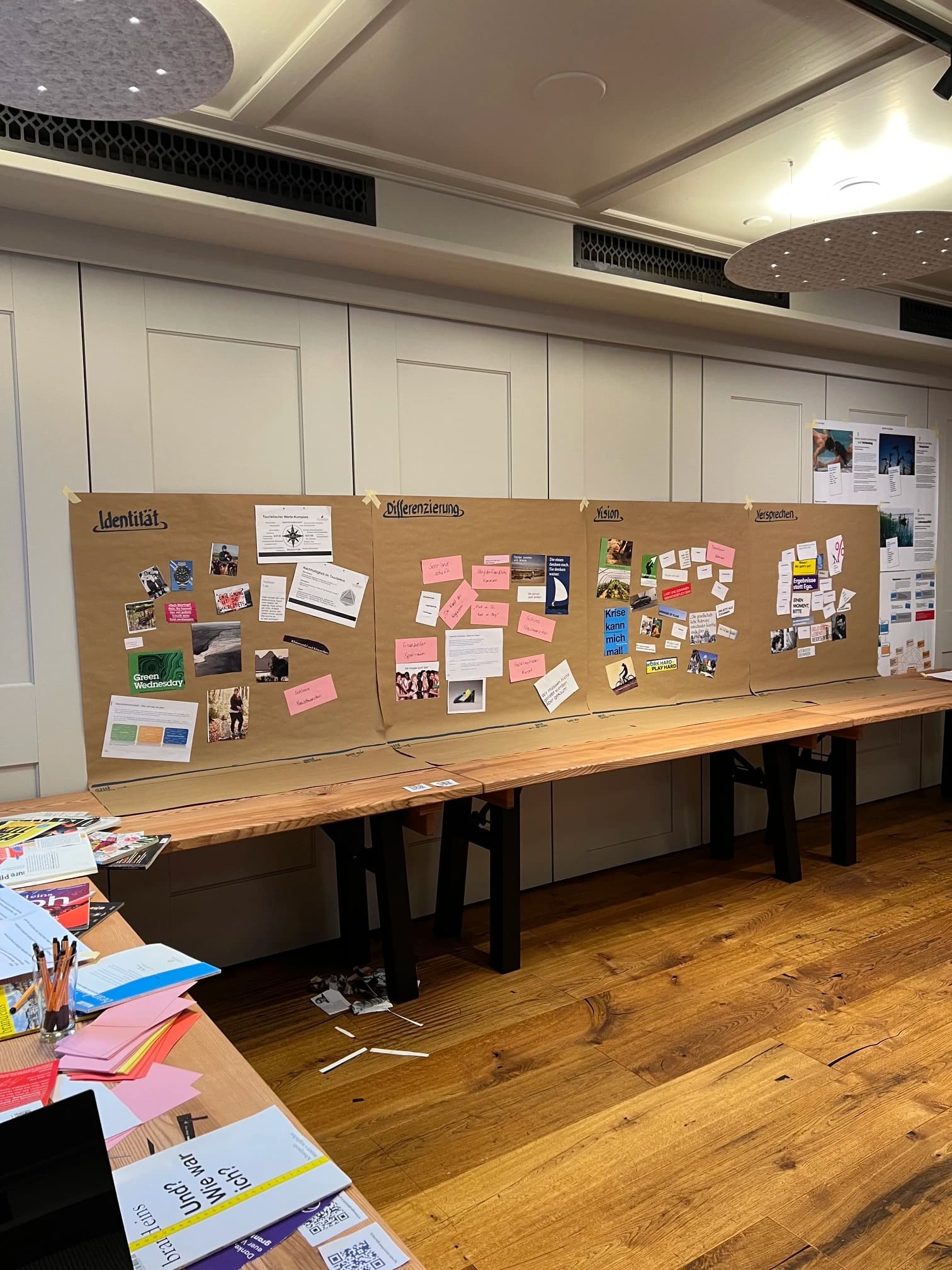 Workshop-Wand zur Schärfung des Markenkerns mit den Feldern Identität, Differenzierung, Vision und Versprechen